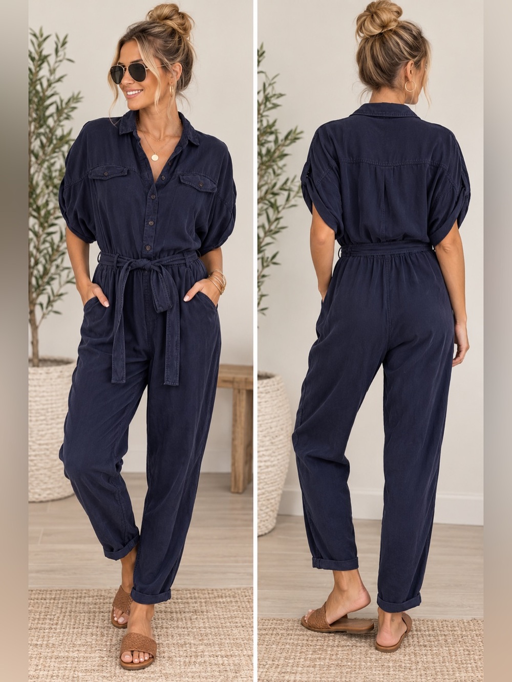 Young Fabulous & Broke Navy Blue Utility Jumpsuit Belted Button Front